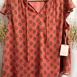 LC Lauren Conrad Pink Flutter Sleeve Blouse with Tie Front